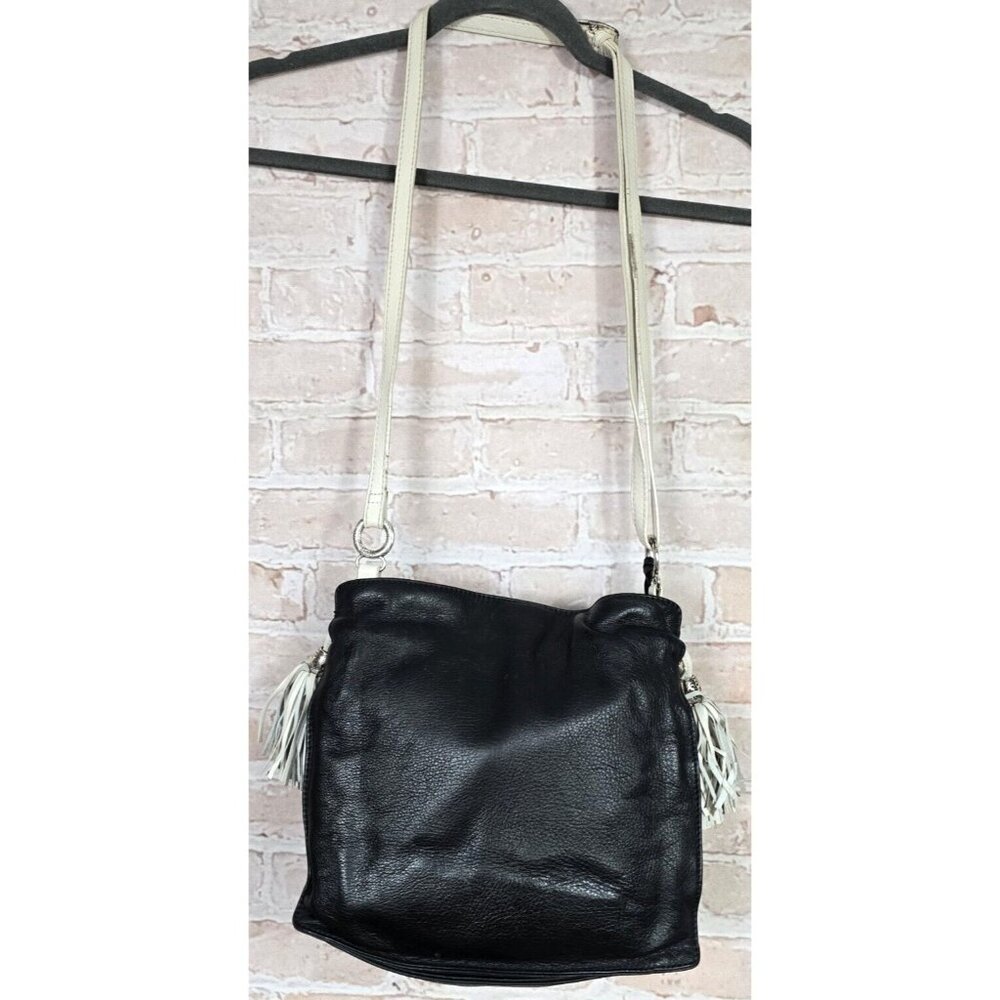 BRIGHTON GLORIETTA Black Leather White Tasseled Crossbody Bag Purse Organizer
